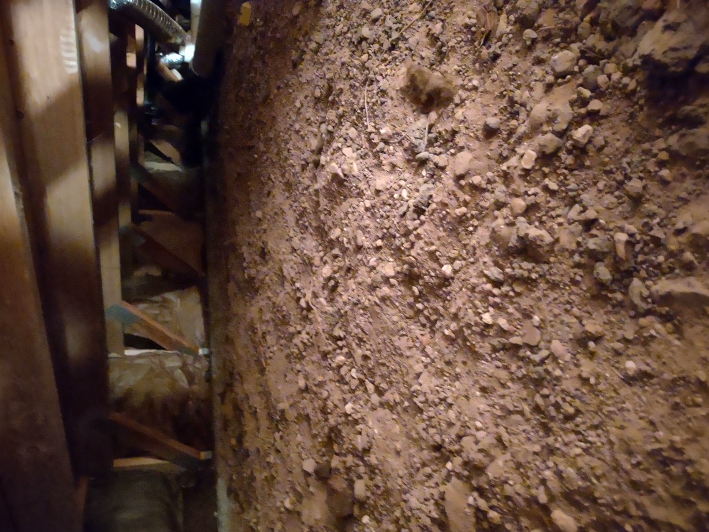 Crawlspace with dirt floor and exposed joists before vapor barrier installation